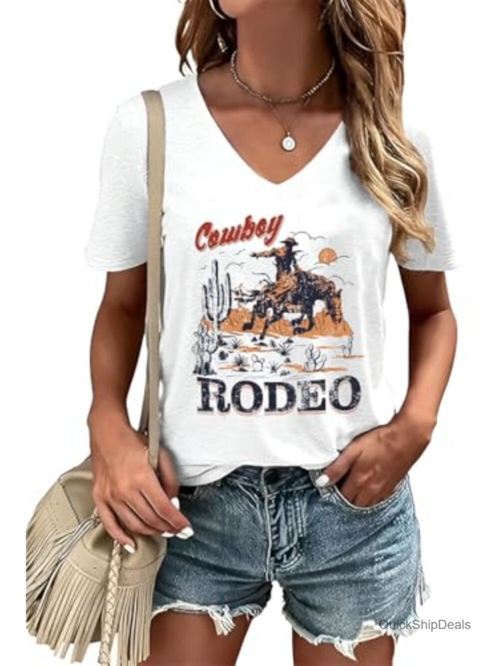 Women's Western Graphic V-Neck Tee Cow Skull Rodeo Cowgirl Shirt
